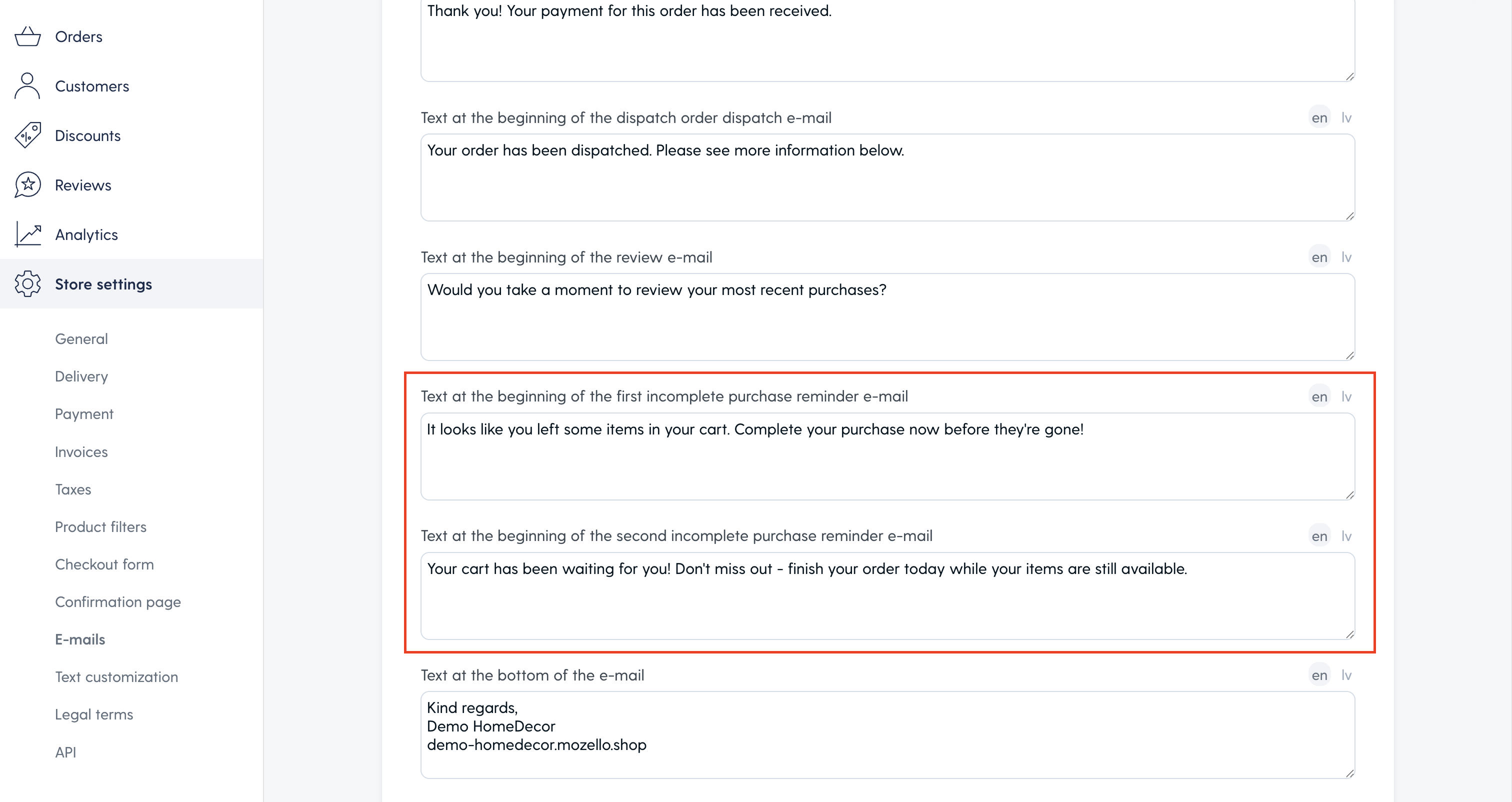 Mozello abandoned cart recovery email text editor