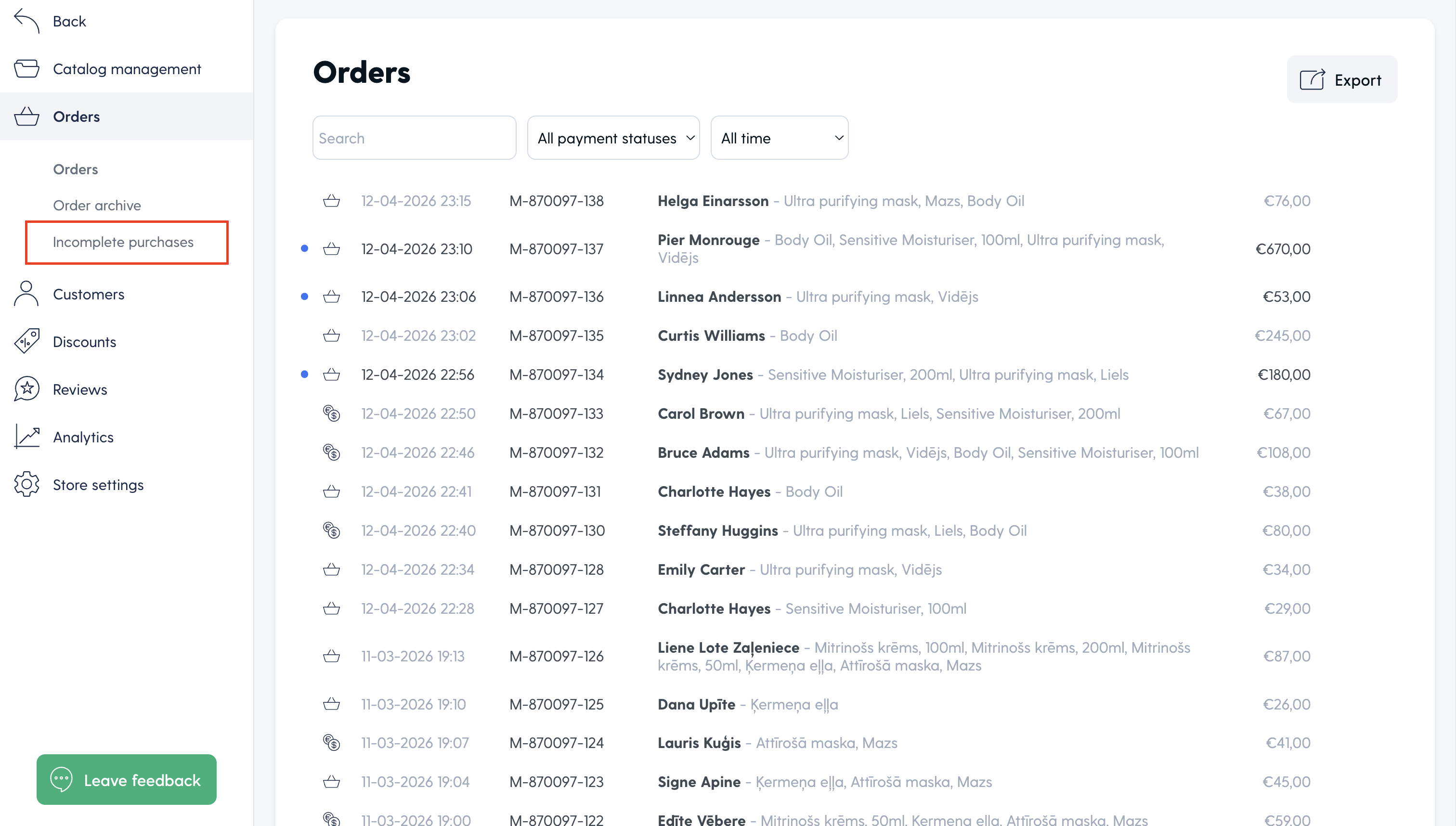 Where to find Mozello online store incomplete purchases