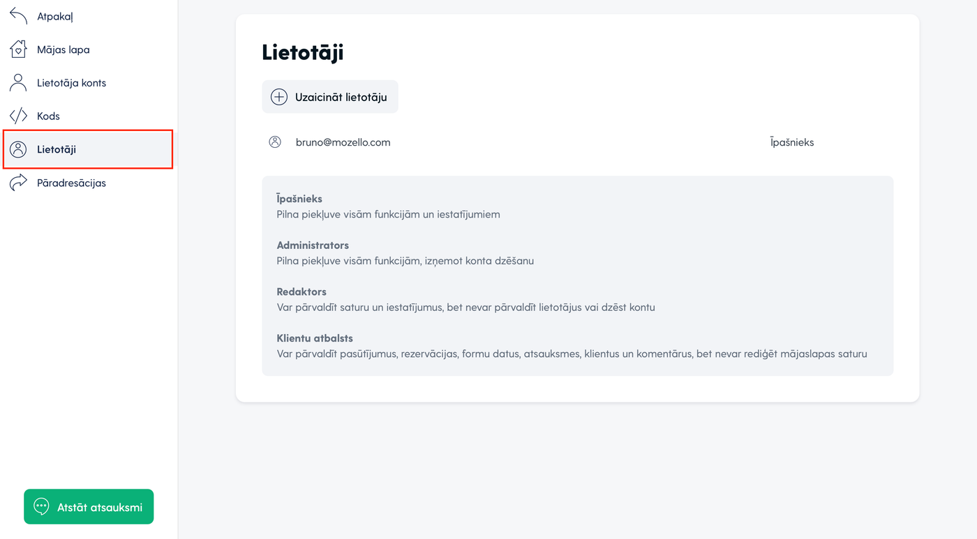 Mozello lietotāji un pieejamās lietotāju lomas