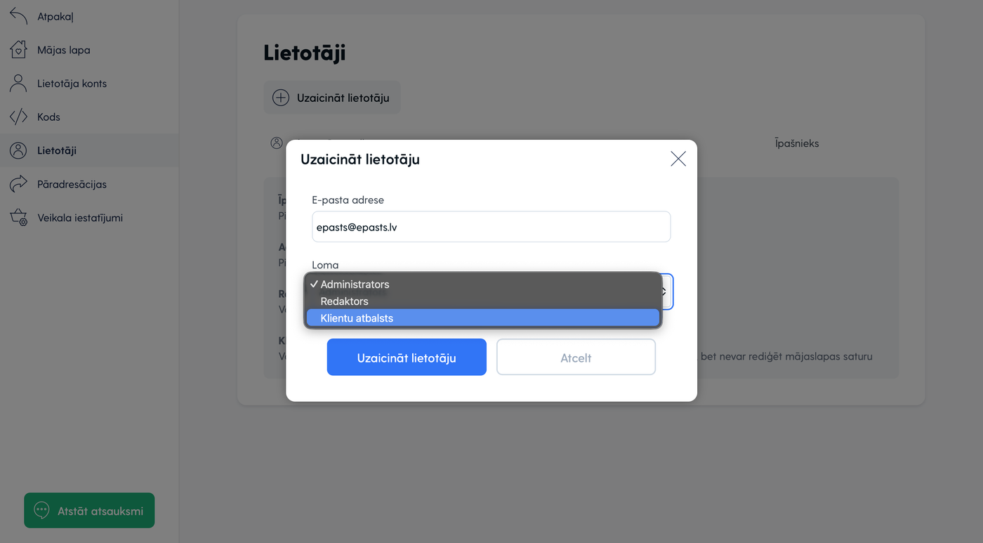 Jauna Mozello lietotāja uzaicināšana