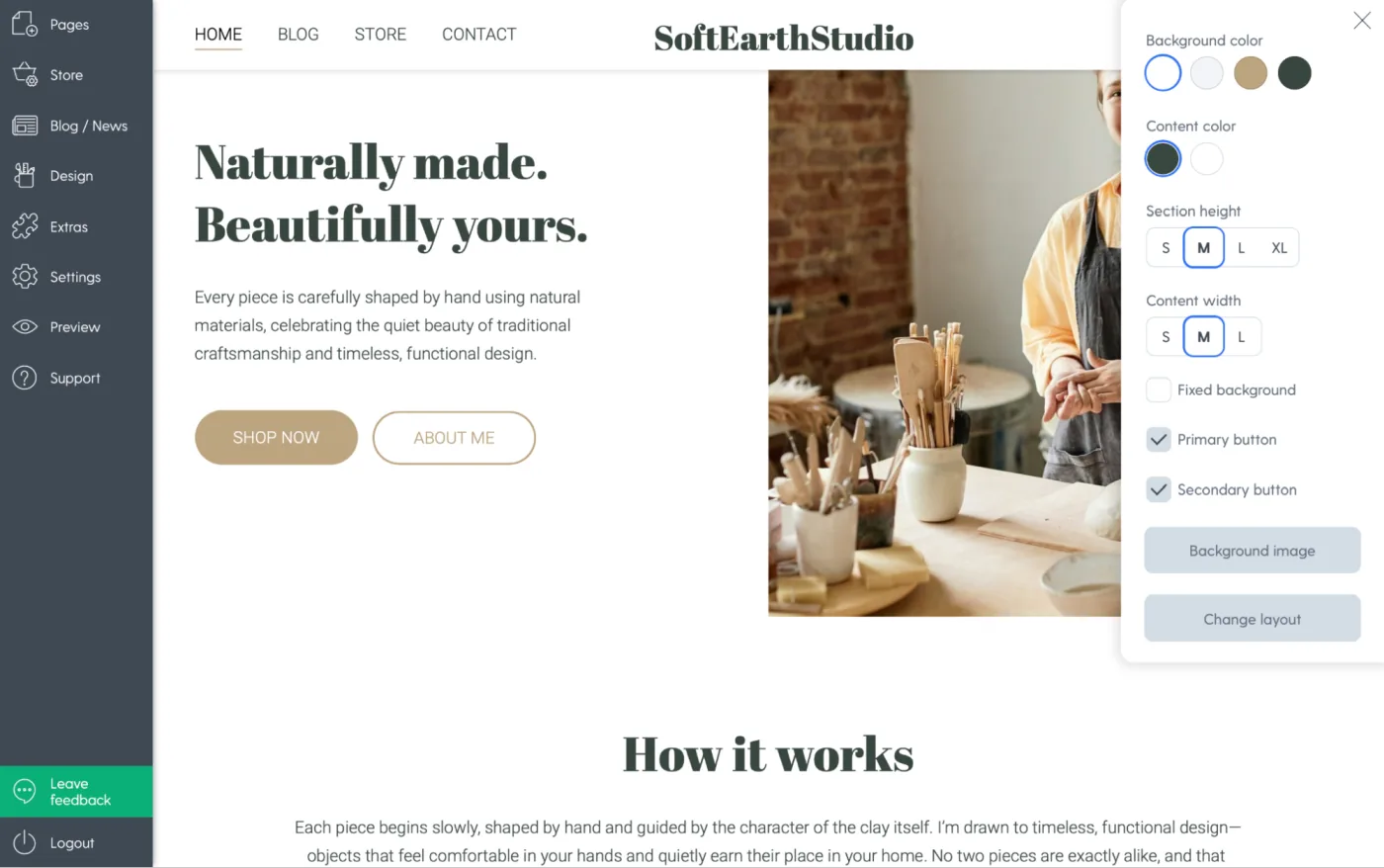 Mozello website builder interface showing spacing options.