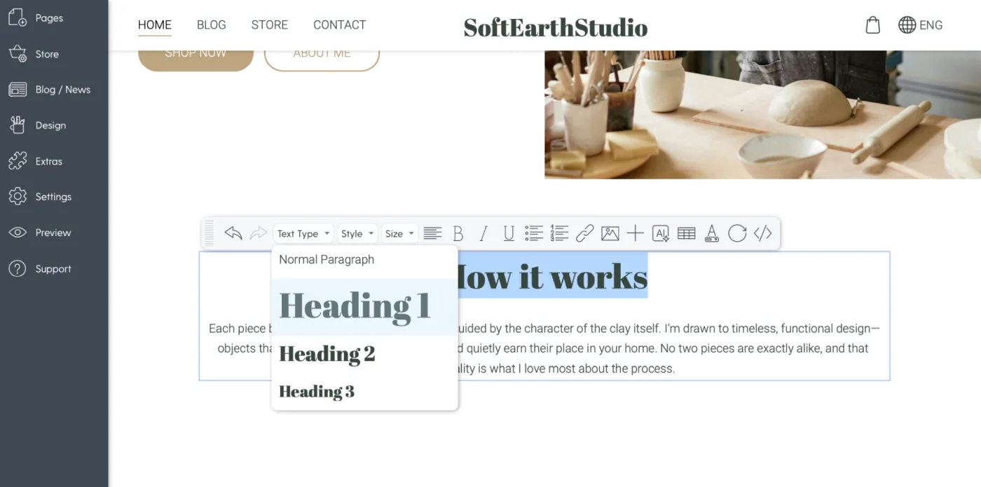 Example of using heading tags in Mozello website builder.