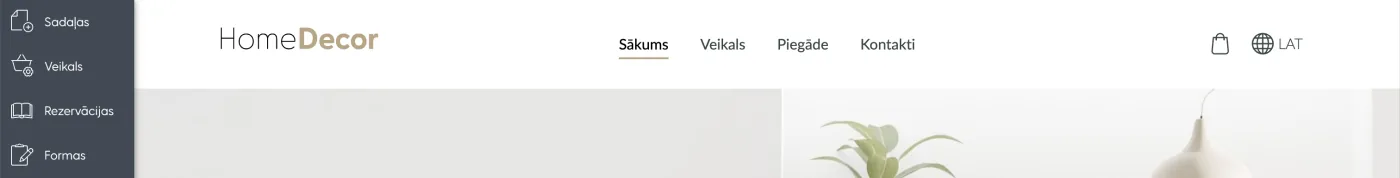Mājaslapas galvenes izkārtojums ar logotipu pa kreisi un izvēlni centrā.