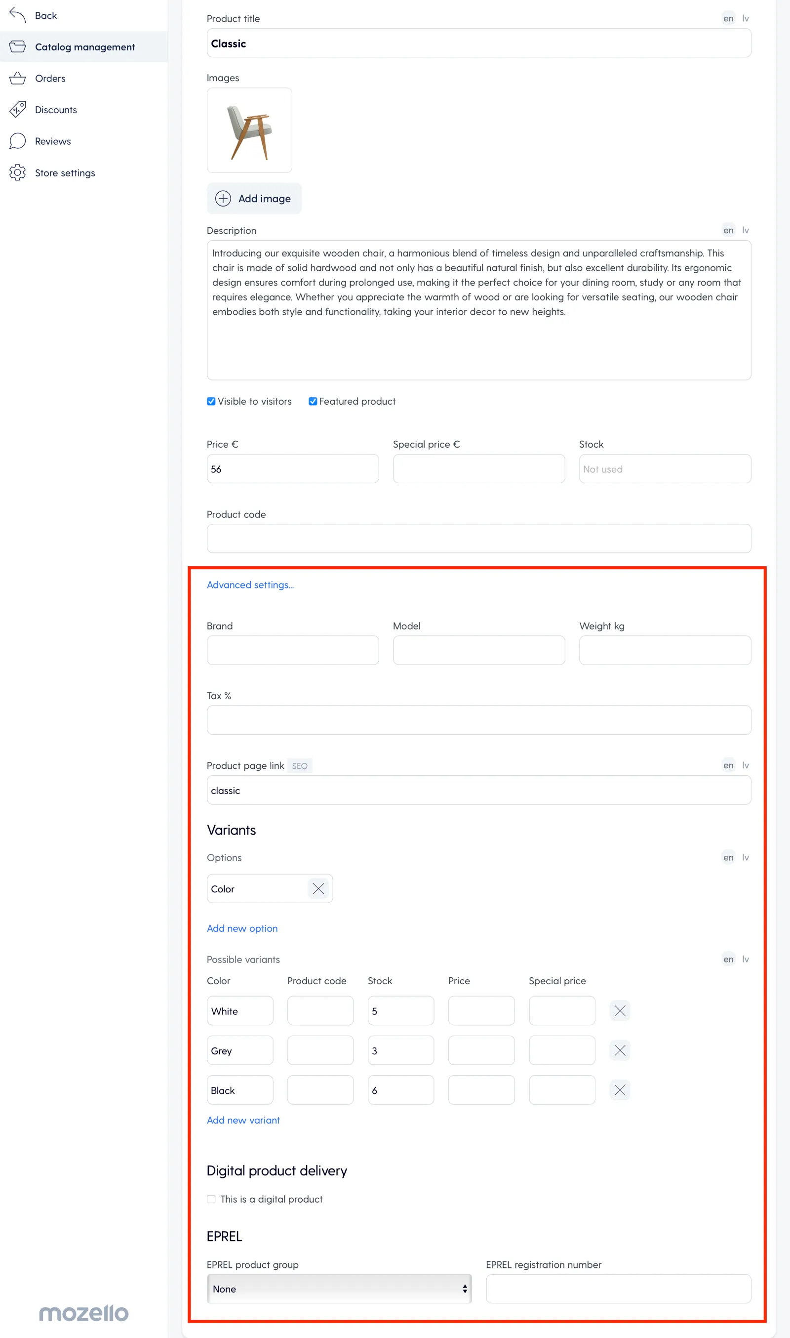 Additional product parameters