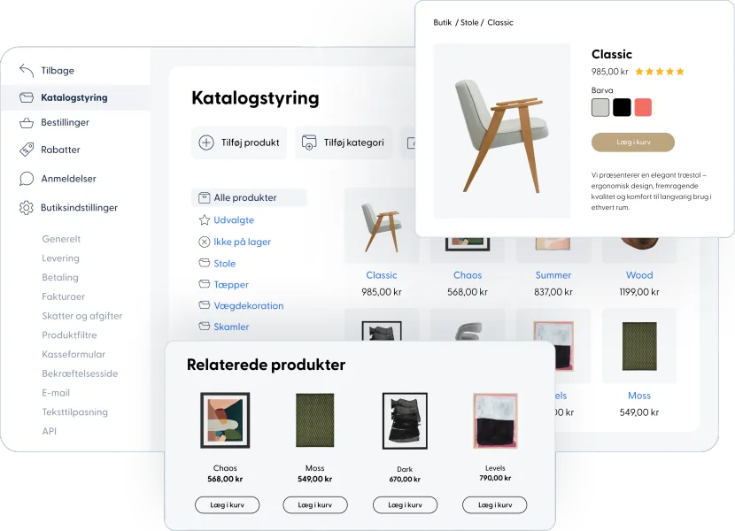 Skærmbilleder fra webshop-platform