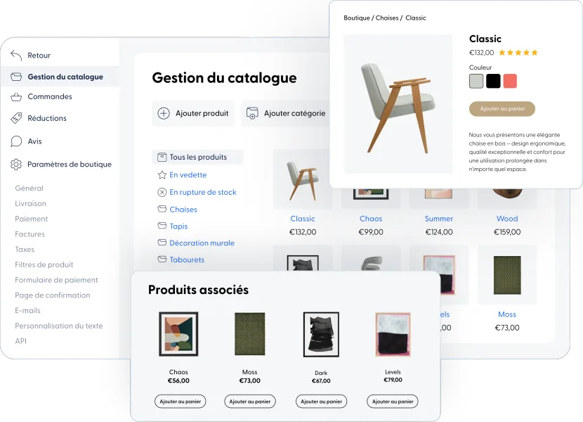 Captures d’écran de la plateforme e-commerce