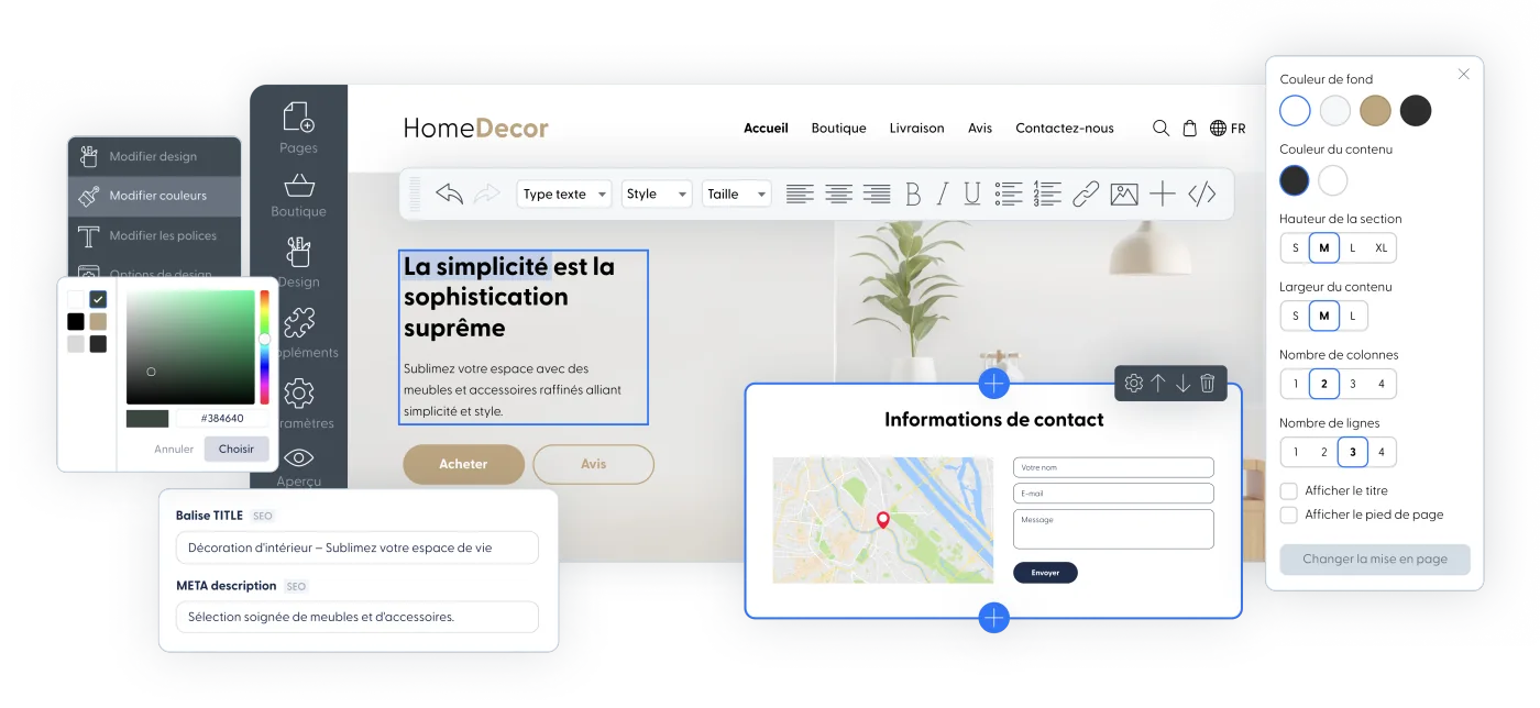 Captures d’écran de la plateforme de création de site