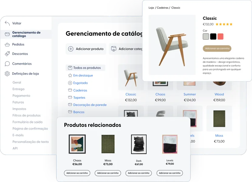 Capturas da plataforma de loja online