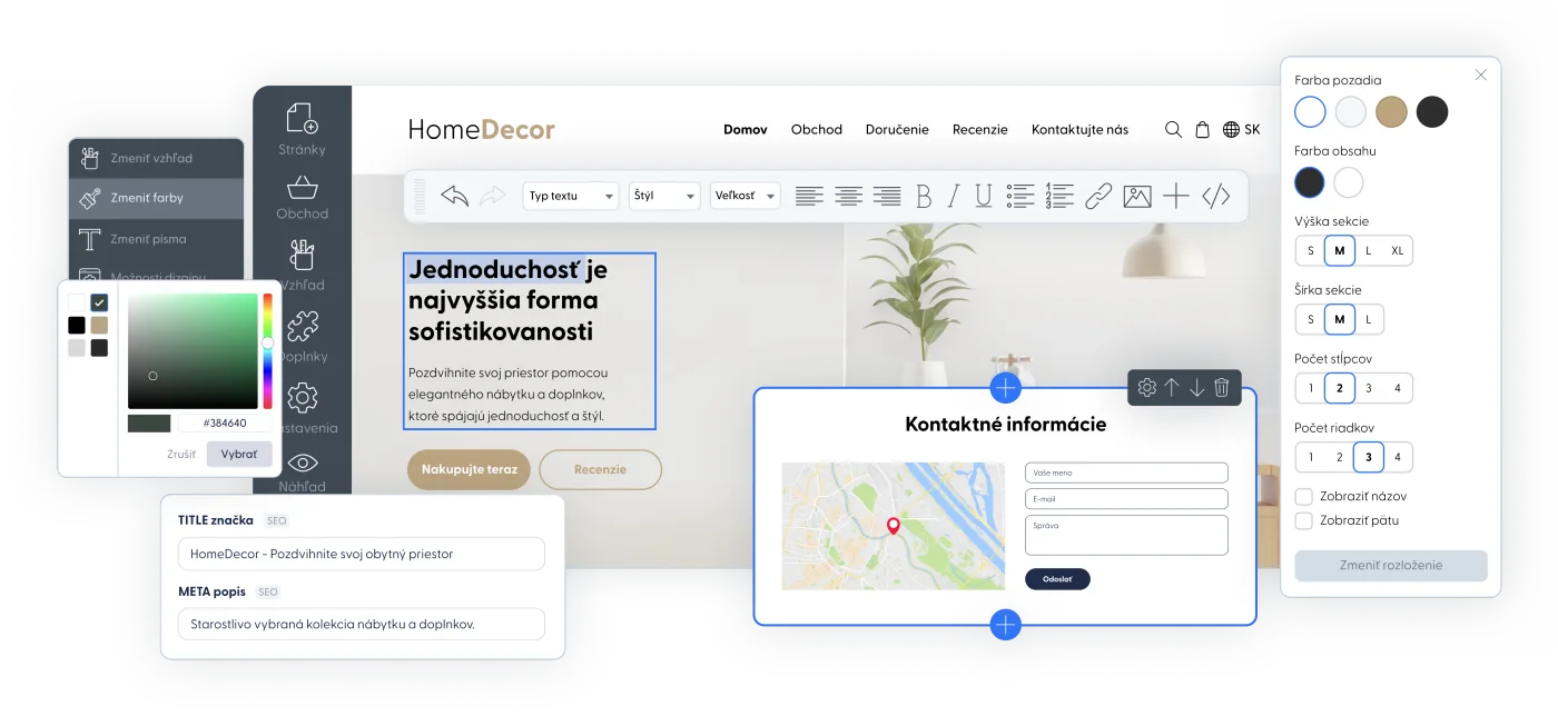 Ukážky nástroja na tvorbu webu